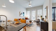 This thoughtfully designed one-bedroom, one-bathroom residence offers a cohesive blend of modern finishes and functional layout across a single floor. The open-concept living and dining area is anchored by warm wood-look flooring, soaring ceilings, and a ceiling fan overhead, creating an airy and comfortable atmosphere. A full-lite door flanked by large windows floods the space with natural light and provides direct access to an outdoor balcony, inviting the outdoors in. The kitchen is outfitted with white shaker cabinetry, dark granite countertops, a textured tile backsplash, and a full suite of stainless steel appliances including a gas range, over-the-range microwave, and French door refrigerator. The bedroom is a serene retreat, featuring large windows with abundant natural light, wood-look flooring, and generous proportions. The bathroom is finished with white cabinetry, dark granite countertops, large-format tile flooring, and a well-placed vanity mirror. A walk-in closet with double hanging rods and wood-look flooring provides ample storage. Additional closets throughout the unit further enhance practicality. Neutral walls and consistent warm-toned flooring tie the entire space together into a cohesive, welcoming home.
