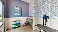 Located at 526 Vistera Blvd in Venice, Florida, this purpose-built pet grooming room is a thoughtfully designed, single-room space that combines functionality with a fun, pet-friendly aesthetic. The room is finished with large-format, light-toned tile flooring and wainscoting of classic white square tiles along the lower half of the walls, providing a durable and easy-to-clean surface ideal for pet care. The upper walls transition to a soft periwinkle blue, while one full wall is covered in a bold, illustrated wallpaper featuring an all-over pattern of hand-drawn dogs in blue and white — an eye-catching design element that sets a lively tone. A stainless steel walk-in pet bathing tub with an integrated step ramp and handheld sprayer serves as the centerpiece of the room, complemented by a height-adjustable professional grooming table. A bright neon "Oh! My Dog" sign mounted in a dark frame adds a playful focal point, while a multi-tiered blue utility cart holds grooming supplies and tennis balls. A glass-paneled entry door opens to the larger facility, and a floor-to-ceiling window allows natural light to filter into the space, enhancing its clean, welcoming atmosphere.
