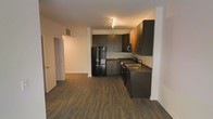 This single-floor space showcases a clean, modern design with a cohesive aesthetic carried throughout. The kitchen is a standout feature, equipped with sleek dark cabinetry that extends to the ceiling for maximum storage, complemented by dark countertops and a full suite of black appliances, including a French door refrigerator, built-in microwave, range, and sink. The cabinetry's contemporary flat-front style contributes to the space's streamlined look. Rich, dark hardwood-style flooring flows seamlessly from the kitchen into the adjacent open living area, creating a warm yet sophisticated ambiance. The open-concept layout connects the kitchen and living space, allowing for flexible furniture arrangement and a sense of continuity. Recessed and track lighting overhead provides functional illumination throughout the kitchen area. A hallway visible from the main living space leads to additional rooms, suggesting a well-organized and practical floor plan. The neutral white walls and light ceiling provide a bright contrast to the darker finishes, balancing the overall atmosphere and giving the space an inviting, contemporary feel.