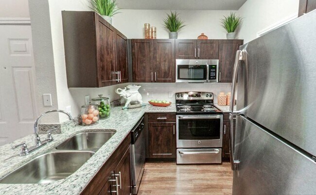 Apartamentos en alquiler en Austin, TX – Nolina Flats. Cocina con electrodomésticos de acero inoxidable y modernos gabinetes de madera oscura. - Nolina Flats