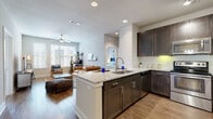 This single-floor residence offers a thoughtfully designed open-concept layout that seamlessly connects the kitchen, dining, and living areas. The kitchen is a standout feature, equipped with rich dark-brown cabinetry, stainless steel appliances, granite countertops, a deep undermount sink, and a large central island with bar seating — ideal for both casual dining and entertaining. Under-cabinet lighting and track lighting add warmth and functionality to the space. The living area is bright and welcoming, with large windows that invite generous natural light, wood-style flooring, and a ceiling fan overhead. The space comfortably accommodates a full living arrangement with room for multiple seating areas. Two bedrooms are carpeted and well-proportioned, each featuring ceiling fans or wall-mounted lighting and windows that bring in natural light. The primary bedroom connects to a private en-suite bathroom featuring a glass-enclosed walk-in shower, a granite-topped dark vanity, large-format tile flooring, and a wide mirror with overhead lighting. A second full bathroom mirrors the same finishes, offering a bathtub with a tiled surround and a matching dark wood vanity. Throughout the residence, neutral gray walls, clean white trim, and consistent material choices create a cohesive and contemporary aesthetic.