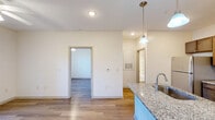 Located at 17125 Eloise Boyette St in Charlotte, NC, this one-bedroom, one-bathroom unit offers a thoughtfully designed layout making efficient use of its space. The open-concept living and kitchen area is anchored by warm wood-look flooring that flows seamlessly throughout, creating a cohesive and inviting atmosphere.

The kitchen is a standout feature, boasting rich medium-toned cabinetry, granite countertops, and a full suite of stainless steel appliances including a refrigerator, electric range, and microwave. A peninsula with an integrated sink adds both functionality and a natural division between the kitchen and living area, while pendant and recessed lighting complete the polished look.

The bedroom is a comfortable retreat, featuring a ceiling fan with light fixture, a large window dressed with blinds that invites natural light and outdoor views, and direct access to a dedicated walk-in closet outfitted with wire shelving and hanging rods for ample storage.

The bathroom is clean and well-finished, with wood-look tile flooring, a granite-topped vanity with dark wood cabinetry, a full tub and shower combo with a curved curtain rod, and a large mirror. Throughout the unit, neutral white walls and consistent finishes lend a bright, modern feel suited to a variety of interior styles.