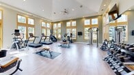 Located in Loveland, Colorado, this fitness center offers a bright, open, and well-appointed workout environment designed to support a full range of exercise routines. The space features soaring ceilings with a tray ceiling detail and a ceiling fan that promotes airflow throughout the room. Recessed lighting complements the abundant natural light that pours in through rows of large, gold-trimmed windows lining multiple walls, offering views of the surrounding landscape and creating an uplifting atmosphere.

The light-toned hardwood-style flooring runs throughout the space, providing a clean and polished aesthetic while remaining practical underfoot. Exercise mats are positioned throughout the floor to accommodate stretching and floor-based workouts. The equipment selection is comprehensive, including multiple treadmills, an elliptical, a stationary bike, a rowing machine, a multi-station cable machine, a weight bench, and a well-stocked dumbbell rack. Wall-mounted mirrors on one side of the room enhance the sense of space and allow users to monitor their form.

A wall-mounted flat-screen television is installed for entertainment, and the entry features glass-paned interior doors that connect to the broader facility. The overall ambiance is clean, modern, and inviting, making this fitness center a well-designed space for residents seeking a convenient and fully equipped place to pursue their health and wellness goals.