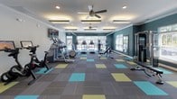 This fitness center and yoga room is a spacious, thoughtfully designed facility that accommodates a wide range of workout styles. The main gym area features crown molding, neutral gray walls accented by a deep teal feature wall, and a distinctive modular carpet floor in a patchwork pattern of gray, teal, and chartreuse — providing a modern, energetic aesthetic throughout. Ceiling fans and recessed lighting ensure comfortable, well-lit conditions during any workout.

The cardio zone is equipped with multiple treadmills, ellipticals, and a stair climber, complemented by a wall-mounted flat-screen television. A strength training area offers a cable machine, a weight bench, a rack of dumbbells, and kettlebells, with wall mirrors enhancing the functional training environment. A spin bike rounds out the equipment selection.

The adjacent yoga and flex room features the same vibrant modular flooring, a ceiling fan, and large windows with direct outdoor views that flood the space with natural light. French doors provide convenient access. This room also houses interactive training equipment, including a boxing station and stability balls, making it ideal for group classes or individual functional training sessions.