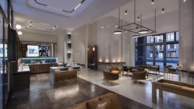 Entertain guests in the clubroom featuring easy pool access, two covered patios with ping pong, and lounge seating. - Modera SoBro