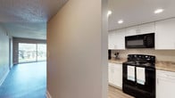 This single-floor residence offers a clean, functional layout with a thoughtfully designed interior. The kitchen is a standout feature, showcasing crisp white cabinetry with simple, understated hardware that pairs elegantly with granite-style countertops. Black appliances, including a freestanding range and an over-the-range microwave, provide a striking contrast against the light cabinetry. Recessed lighting illuminates the kitchen workspace, creating a bright and practical cooking environment. Light wood-look flooring grounds the kitchen area, adding warmth to the overall aesthetic. The adjoining spaces feature neutral-toned walls with a textured finish, contributing to a cohesive and inviting atmosphere throughout. A textured ceiling adds subtle architectural character to the interior. Natural light filters into the living area, hinting at outdoor greenery beyond the windows and enhancing the sense of openness. The overall design balances practicality with modern sensibility, making this a comfortable and visually appealing space suited for everyday living.