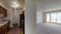 This single-floor residential space offers a practical and comfortable layout designed for everyday living. The kitchen is outfitted with dark stainless steel appliances, including a refrigerator and a gas range, complemented by warm-toned wood cabinetry. Track lighting mounted on the textured ceiling provides focused illumination throughout the kitchen area, while durable hardwood-style flooring adds a clean, polished look underfoot. A structural column neatly divides the kitchen from the adjacent living area, creating a natural sense of separation without fully enclosing either space. The living area features plush wall-to-wall carpeting that contributes to a cozy, comfortable ambiance. A window along the far wall allows natural light to filter into the room, brightening the neutral-toned walls and adding an open, airy feel. The textured ceilings are consistent throughout the unit, lending a classic residential character. The overall design prioritizes functionality and flow, with a straightforward transition between the kitchen and living spaces. Neutral wall colors throughout provide a versatile backdrop suitable for a variety of interior styles and furnishings.