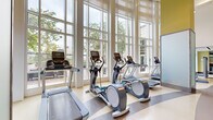 Located at 300 Alexander Ct in Philadelphia, PA, this well-appointed fitness center offers a spacious, single-floor layout designed to accommodate a comprehensive range of workout needs. The facility is immediately distinguished by its soaring ceiling height and a dramatic wall of floor-to-ceiling windows that flood the interior with abundant natural light while providing views of the surrounding greenery and cityscape.

The cardio zone features multiple treadmills, elliptical cross-trainers, and a rowing machine, all positioned to take advantage of the natural light streaming through the large window facade. Strength training is well-supported with a full selection of selectorized cable machines, a variety of weight benches, and multiple dumbbell racks stocked with a wide range of weights.

The flooring features a distinctive curved stripe design in neutral tones, guiding movement through the space and adding a dynamic visual element. Full-length mirrors line key sections of the walls, enhancing the sense of openness and allowing users to monitor their form. A bold geometric mural in blue, gold, and black anchors one end of the facility, providing an energetic focal point.

Glass-paneled doors open directly onto an outdoor terrace, seamlessly connecting the interior workout space with the exterior. Recessed lighting complements the natural light throughout, ensuring the facility remains bright and welcoming at all hours.