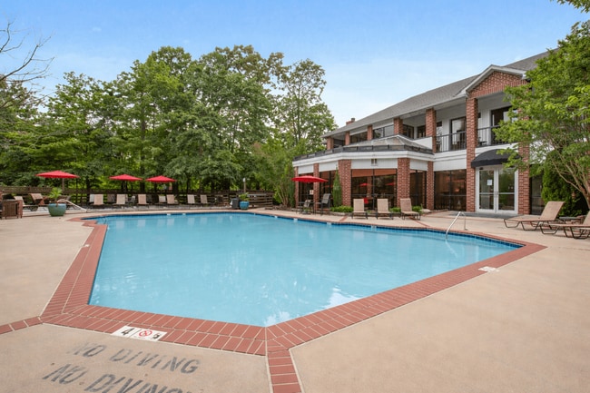 Zona de relax junto a la piscina rodeada de árboles. - Rolling Brook Village