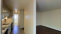 This single-floor residential unit offers a straightforward and functional layout designed for comfortable everyday living. A hallway serves as the central spine of the space, connecting the various areas with ease. The corridor is finished with light-toned tile flooring and is illuminated by a ceiling-mounted light fixture, creating a practical and welcoming entry path. Natural light filters in from a window at the far end of the hallway, adding brightness to the passage.

Adjacent to the hallway, the open living area features rich dark hardwood flooring that provides a warm contrast to the neutral, cream-toned walls. A baseboard heating unit runs along the exterior wall, ensuring efficient climate control throughout the cooler months. The clean, unadorned walls offer a blank canvas, allowing for personalization and flexible furniture arrangements.

The overall aesthetic of the space is simple and understated, with a neutral color palette that lends a calm, versatile atmosphere. The division between the tiled hallway and the hardwood living area is clearly defined by a structural column, adding a subtle architectural element to the interior. The space is well-suited for those seeking a practical and move-in ready environment.