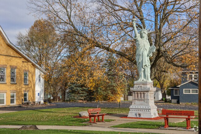 Lady Liberty greets shoppers on Broad Street in Newton Falls.