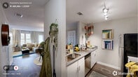 Located at 3333 Melrose Club Blvd in Raleigh, NC, this single-floor, one-bedroom, one-bathroom residence offers a thoughtfully designed layout that maximizes every square foot. The open-concept living, dining, and kitchen area creates a seamless flow throughout the main living space, with wood-style flooring and neutral-toned walls providing a clean, modern backdrop.

The galley-style kitchen is well-equipped with stainless steel appliances — including a refrigerator, range, microwave, and dishwasher — complemented by white cabinetry, gray quartz-style countertops, and a deep stainless steel sink. A dedicated pantry closet adds generous storage. The kitchen opens directly to the dining area, which features ample room for a full dining set.

The living room is bright and inviting, with large windows and a glass door leading to a private patio, allowing natural light to fill the space. A dedicated in-unit laundry closet is conveniently accessible from the main living area.

The bedroom is a comfortable retreat, featuring multiple windows on two walls, a ceiling fan, and plush carpeting. The full bathroom includes wood-style flooring, a single vanity, and built-in shelving for added storage. A dedicated closet completes the unit's well-organized floor plan.