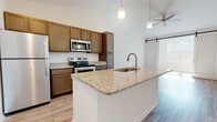 Located on Serene Retreat Lane in Tampa, Florida, this single-story residence combines contemporary finishes with a practical, open layout. The kitchen serves as the heart of the home, showcasing vaulted ceilings that lend a sense of spaciousness and height. A large central island topped with speckled granite provides both workspace and a sink, illuminated by stylish pendant lights overhead. Warm-toned cabinetry lines the walls, complemented by a full suite of stainless steel appliances including a refrigerator, range, and microwave. Light wood-look flooring runs throughout the main living areas, creating a cohesive and airy feel. A sliding barn door adds a modern farmhouse touch, separating spaces while maintaining an open flow toward natural light from a rear-facing window or door. The bedrooms feature plush carpeting and generous natural light from large windows. At least one bedroom includes a walk-in closet, adding practical storage. The bathroom is finished with granite countertops, wood-toned cabinetry, light wood-look flooring, and a tub-shower combination with clean white tile surround. Throughout, the home maintains a bright, neutral palette that enhances its welcoming and move-in-ready character.