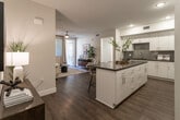 This single-story residence in Jurupa Valley, California, showcases a thoughtfully designed open-concept layout finished with consistent wood-look flooring and a neutral color palette throughout the main living areas. The kitchen serves as a central highlight, featuring crisp white cabinetry extending to the ceiling, a grey subway tile backsplash, dark quartz countertops, stainless steel appliances, and a generously sized island with bar seating — ideal for both meal preparation and casual dining. The kitchen flows seamlessly into the living area, which benefits from a ceiling fan and access to natural light through large windows and a sliding glass door.

The bedrooms are carpeted for comfort, each offering ample closet space and windows that invite natural light. The bathrooms mirror the kitchen's aesthetic with white cabinetry, dark countertops, and wood-look flooring, with one featuring a full tub-shower combination and a wide vanity mirror.

A cozy secondary sitting area provides a quiet retreat, while a covered outdoor patio with an arched opening offers a shaded space for alfresco dining with views of the surrounding community. The attached single-car garage provides convenient private parking and additional storage.