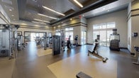 This fitness center is a comprehensive, single-floor facility designed to support a full range of workout routines. The space is divided into distinct functional zones, each thoughtfully appointed for a specific type of training. The main gym floor features a wide selection of Life Fitness strength-training machines, a full rack of dumbbells, a weight bench, and cardio equipment including treadmills and ellipticals. Large windows line the perimeter, flooding the space with natural light and offering views of the surrounding greenery. Elevated ceilings with recessed and linear pendant lighting create an open, energizing atmosphere, while neutral tones and dark architectural trim details lend a polished, modern aesthetic. A dedicated spin and group fitness studio, accessible via glass-panel doors, houses several stationary cycling bikes alongside a wall-mounted flat-screen TV and colorful artwork. This studio also features a full-length mirror, a punching bag, stability balls, and balance equipment, making it ideal for varied group workouts. A body composition scale is available for fitness tracking. Durable rubber and hardwood-style flooring throughout ensures both safety and easy maintenance, making this facility functional, well-designed, and ready to serve users at every fitness level.