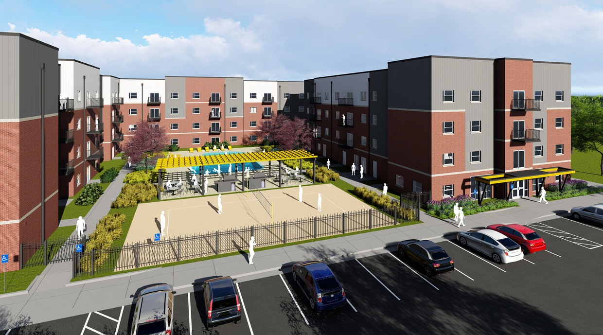 The Flats at WSU features a private clubhouse, pool with zero-entry, sand volleyball court and an outdoor dining area with BBQ grills. - The Flats at WSU