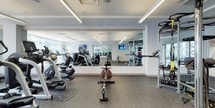 This fitness center offers a thoughtfully designed, single-level layout divided into distinct functional zones, each tailored to a different aspect of physical training. The space is finished with durable speckled rubber flooring throughout, providing both safety and a polished, professional aesthetic that ties the areas together cohesively.

The cardio zone features a comprehensive selection of equipment, including ellipticals, stationary bikes, and a spin bike, all arranged in front of a full-length wall mirror accented by a warm wood trim detail. Linear LED lighting runs across the ceiling, delivering bright, even illumination throughout. Wall-mounted televisions are positioned throughout the space, keeping users entertained during workouts.

A dedicated functional training area houses a Synrgy360 multi-functional cable and training system alongside stability balls, resistance tools, and a yoga mat station. Glass partition walls and sliding glass doors connect the zones, creating a sense of openness while maintaining defined spaces. Natural light filters in through large glass doors that lead to an outdoor area.

The strength training section is visible through the glass partitions and includes a variety of cable machines and weight equipment. Stainless steel sanitizing stations and waste receptacles are conveniently placed throughout, reflecting a commitment to cleanliness and user convenience.