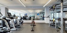 This fitness center offers a thoughtfully designed, single-level layout divided into distinct functional zones, each tailored to a different aspect of physical training. The space is finished with durable speckled rubber flooring throughout, providing both safety and a polished, professional aesthetic that ties the areas together cohesively.

The cardio zone features a comprehensive selection of equipment, including ellipticals, stationary bikes, and a spin bike, all arranged in front of a full-length wall mirror accented by a warm wood trim detail. Linear LED lighting runs across the ceiling, delivering bright, even illumination throughout. Wall-mounted televisions are positioned throughout the space, keeping users entertained during workouts.

A dedicated functional training area houses a Synrgy360 multi-functional cable and training system alongside stability balls, resistance tools, and a yoga mat station. Glass partition walls and sliding glass doors connect the zones, creating a sense of openness while maintaining defined spaces. Natural light filters in through large glass doors that lead to an outdoor area.

The strength training section is visible through the glass partitions and includes a variety of cable machines and weight equipment. Stainless steel sanitizing stations and waste receptacles are conveniently placed throughout, reflecting a commitment to cleanliness and user convenience.