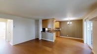 This remodeled one-bedroom, one-bathroom unit is laid out across a single floor, offering an efficient and well-organized living space. The open-concept design connects the living area to the kitchen, creating a seamless flow that maximizes the sense of space.

The kitchen serves as a central feature, highlighted by a peninsula with dark granite-style countertops that provides both additional prep space and a casual dining or seating option. Light wood cabinetry lines the walls, offering ample storage, while a built-in cooktop adds functional appeal. A range hood encased in matching cabinetry contributes to a cohesive, streamlined look.

The living area is spacious and open, featuring warm hardwood-style flooring that extends throughout the unit, adding both character and visual continuity. A set of built-in open shelving along one wall provides a practical display or storage solution. The dining area is defined by an elegant chandelier, lending a refined touch to the space.

The neutral color palette — soft whites and warm taupe tones — creates a clean, inviting ambiance throughout, making the unit feel bright and move-in ready.