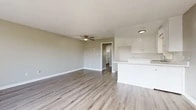 Located at 1911 S Haster St in Anaheim, CA, this single-story, one-bedroom, one-bathroom unit offers a well-organized layout with a clean, modern aesthetic throughout. The open-concept living and kitchen area forms the heart of the unit, featuring light wood-style vinyl flooring, neutral warm-gray walls, and a ceiling fan that anchors the living space. The kitchen is outfitted with white cabinetry, light countertops, a peninsula with additional storage, an electric range, and a window above the sink that brings in natural light. The bedroom is generously proportioned with wall-to-wall carpet, a large window overlooking the surrounding neighborhood, and access to a dedicated walk-in closet with dual hanging rods and carpet flooring. The full bathroom features a wide vanity with a white countertop and large mirror, wood-style flooring, and a tub-shower combination. Two hallways connect the rooms, providing a logical and functional flow throughout the unit. The overall ambiance is bright, clean, and move-in ready, with a consistent neutral color palette and updated finishes that lend the space a fresh, contemporary feel.