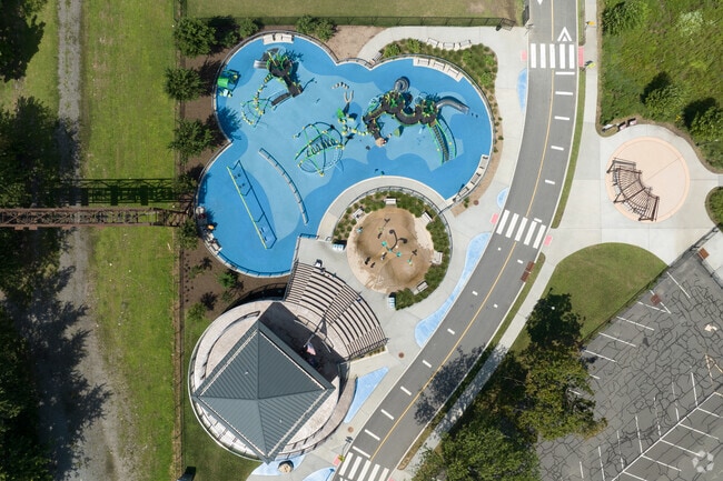 An aerial view of the waterpark at the water park at Dundee Island Park in Passaic, NJ.