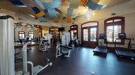 This fitness center combines functionality with distinctive architectural character. The space is defined by its rich, dark wood-trimmed arched windows and French doors, which flood the interior with natural light and provide views of the surrounding outdoor greenery. Plantation shutters on the windows add a classic, refined touch to the overall aesthetic.

Overhead, a bold and artistic ceiling installation of cascading panels in blue, gold, and white lends a dynamic visual energy to the room, setting it apart from a typical gym environment. Large wall mirrors further enhance the sense of openness throughout the space.

The facility is comprehensively outfitted for a full-body workout. A dedicated cardio zone features multiple Star Trac treadmills and elliptical machines, while the strength training area includes a well-organized rack of dumbbells, a weight bench, and a selection of Cybex and other selectorized cable machines for targeted muscle training. The durable rubber flooring throughout ensures both safety and comfort during exercise.

Together, the thoughtful architectural details and comprehensive equipment selection create a fitness environment that is as visually engaging as it is practical, offering users an elevated and motivating workout experience.