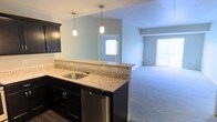 This single-floor space showcases a thoughtfully designed open-concept layout that seamlessly connects the kitchen and living areas. The kitchen is appointed with dark cabinetry that provides a striking contrast against the speckled granite countertops. A peninsula with an undermount stainless steel sink serves as the natural dividing point between the kitchen and living space, while two pendant lights hang above, adding a warm, focused glow to the workspace. Stainless steel appliances, including a dishwasher, complement the modern aesthetic throughout. The kitchen flows effortlessly into the living area, which features plush wall-to-wall carpeting underfoot. Multiple windows allow generous natural light to fill the space, creating an airy and welcoming ambiance. The neutral wall tones throughout serve as a versatile backdrop, allowing the architectural details and finishes to take center stage. The overall design balances functionality with contemporary style, making the space both practical and visually appealing.