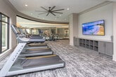 Located at 117 Fitchburg Dr in Woodstock, GA, this well-appointed fitness center offers a comprehensive workout environment designed with both functionality and aesthetics in mind. The single-floor facility is organized into distinct exercise zones, each thoughtfully equipped to support a full range of training needs.

The cardio area is anchored by a curved, windowed wall that floods the space with natural light and provides views of the surrounding outdoor amenity areas. Multiple Matrix treadmills and elliptical machines are arranged across patterned carpeting beneath a large statement ceiling fan, creating a bright and energizing atmosphere. Full-length mirrors line the walls, enhancing the sense of openness throughout.

A dedicated strength and functional training zone features a multi-functional cable machine, resistance equipment, and a tiered medicine ball rack in a variety of weights. A full dumbbell rack paired with a weight bench occupies a mirrored wall section, catering to free-weight training. Wall-mounted flat-screen televisions are positioned throughout the space to keep members engaged during workouts.

The finishes throughout reflect a modern, upscale design sensibility, with neutral warm tones, crown molding, recessed lighting, and large windows that maintain a connection to the outdoors. The space conveys a polished, community-level amenity experience that balances professional-grade equipment with an inviting, refined interior.