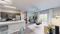 Located in Colorado Springs, CO, this single-floor residence offers a thoughtfully designed open-concept layout that seamlessly connects the kitchen, dining, and living areas. The kitchen is equipped with stainless steel appliances, including a refrigerator, range, and over-the-range microwave, complemented by dark cabinetry, a herringbone tile backsplash, and a white quartz island with bar seating. Adjacent to the kitchen, a dedicated dining area features warm overhead lighting and wood-look flooring that extends throughout the main living spaces. The spacious living room is anchored by a ceiling fan and floor-to-ceiling sliding glass doors that lead to a private balcony, offering scenic views of the surrounding Colorado landscape. The bedroom is generously sized with large windows that invite abundant natural light and views of mature trees. A built-in shelving nook provides a versatile space suitable for a home office or reading area. The bathroom is finished with wood-look tile flooring, dark vanity cabinetry, and clean neutral tones. Throughout the residence, soft neutral wall colors, recessed lighting, and consistent flooring create a cohesive and contemporary aesthetic.