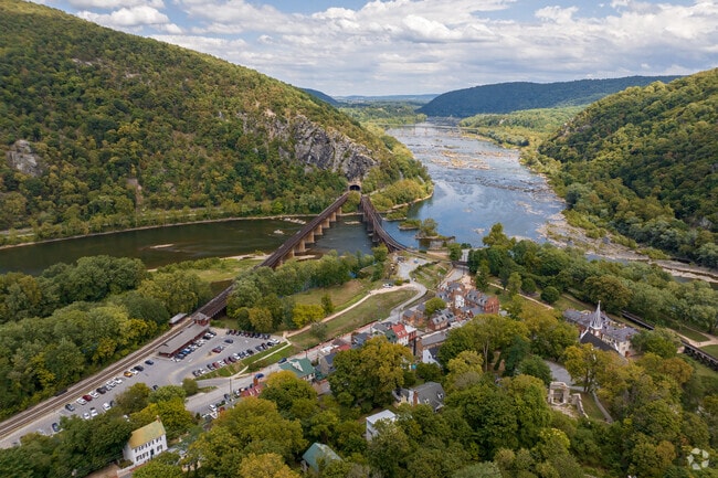 The Potomac and Shenandoah Rivers converge at Harpers Ferry, West Virginia, close to Martinsburg.