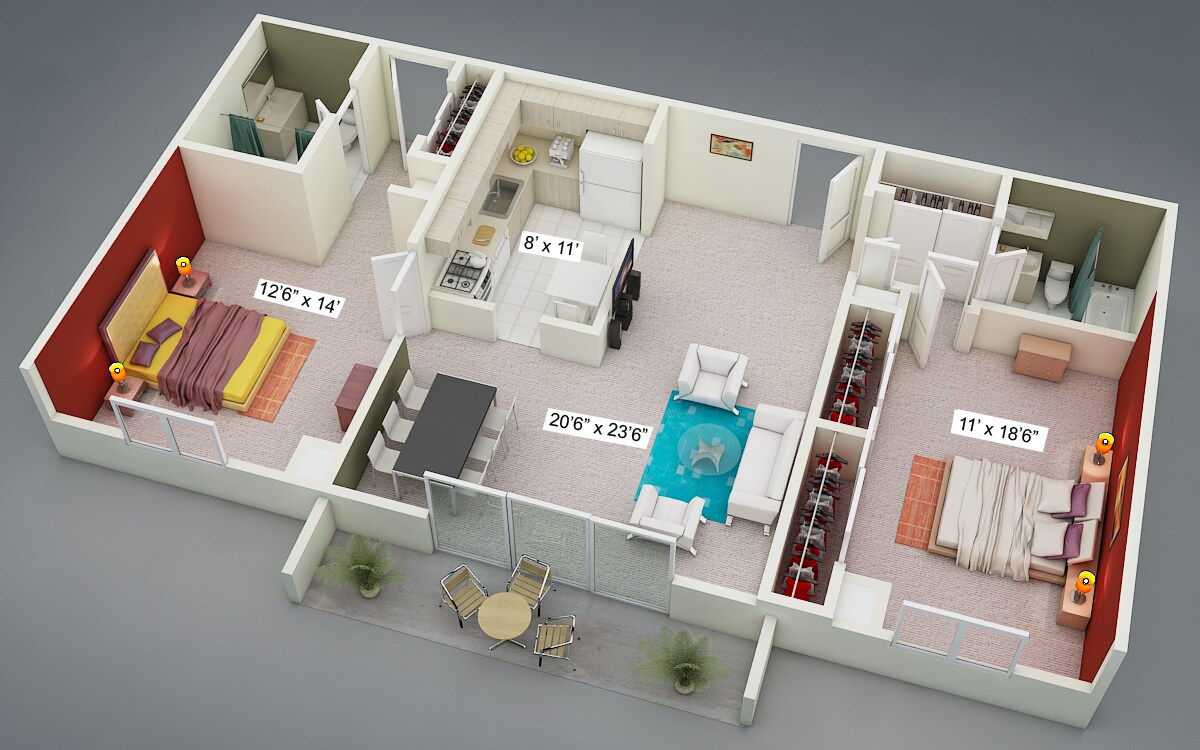 Yorktown Towers – Two Bedroom Two Bath Split Suite