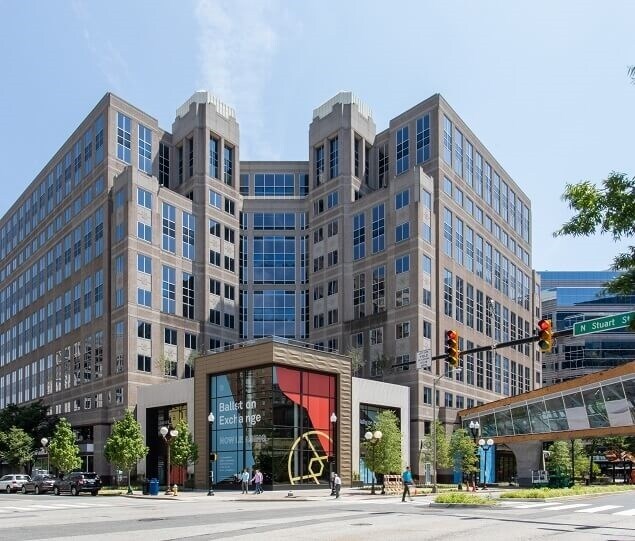Pedestrians outside the Ballston Exchange building along North Stuart Street