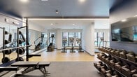 Located at 6220 Guilford Ave in Indianapolis, Indiana, this professionally designed fitness center offers a comprehensive workout facility within a single, open-concept floor. The space is thoughtfully divided into distinct training zones, each finished with a combination of light hardwood-style flooring and durable rubber gym matting to suit different exercise disciplines.

The cardio zone features a row of treadmills positioned along large floor-to-ceiling windows that overlook an outdoor pool area, filling the space with abundant natural light and exterior views. Stair climbers and elliptical machines are also available, complementing the cardio offerings. A dedicated strength training area includes a power rack with a flat bench, multiple sets of dumbbells on tiered racks, and TRX suspension training equipment anchored to the wall.

Cycling stations with digital display screens provide options for guided indoor riding. Full-length mirrors are strategically placed throughout to enhance spatial awareness and support proper form. The interior design is characterized by bold navy blue accent walls contrasted against crisp white finishes, with linear LED strip lighting and recessed ceiling fixtures providing consistent, well-distributed illumination. A wall-mounted television adds an entertainment element to the training environment. The overall ambiance is modern, energetic, and well-equipped for a wide range of fitness routines.