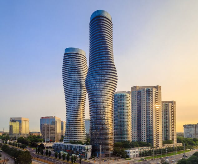 The curvy Absolute World skyscrapers were completed in 2012.