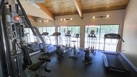 This single-floor fitness center combines functional design with an inviting natural aesthetic. The space is defined by its striking vaulted wood-plank ceiling, accented by exposed beams that lend warmth and architectural character to the room. Track lighting and ceiling fans are thoughtfully integrated, ensuring the space remains well-lit and comfortable during workouts.

The fitness floor is outfitted with a comprehensive selection of cardio equipment, including multiple treadmills, elliptical trainers, and rowing machines, all arranged to maximize usability and flow. A weight bench with attachments rounds out the strength training options. The dark rubberized flooring provides both durability and safety for exercise.

Large floor-to-ceiling windows line the walls, flooding the interior with natural light and offering sweeping views of the surrounding greenery and an adjacent outdoor deck. This seamless connection to nature creates a refreshing and motivating workout environment. The overall ambiance is one of openness and energy, blending the functionality of a modern fitness facility with the warmth of natural materials and abundant natural light.