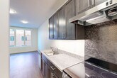 Located at 1520 N Capitol St NW in Washington, DC, this well-appointed one-bedroom, one-bathroom unit offers a thoughtfully designed layout with modern finishes throughout. The entrance leads down a clean, light-filled hallway into the open-concept kitchen and living area, which serves as the heart of the home. The kitchen is a standout feature, boasting rich dark-stained cabinetry, granite countertops, a mosaic tile backsplash, and a full suite of stainless steel appliances including a range, dishwasher, and refrigerator. A central kitchen island provides additional prep and dining space. Large windows flood the living area with natural light and offer views of the surrounding Washington, DC streetscape. Hardwood-style flooring flows consistently throughout the unit, lending a warm, cohesive feel. The bedroom is a well-proportioned retreat featuring large windows with neighborhood views, dual closets, and hardwood-style floors. The bathroom is finished in a clean, contemporary style with tile flooring, a tub/shower combination with white tile surround, and a dark-vanity with a white countertop. Two additional closets provide ample storage. The unit combines functional design with modern aesthetics in a prime DC location.