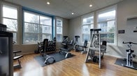 This fitness center offers a comprehensive workout environment designed to accommodate a range of exercise routines. The space features warm hardwood flooring throughout, complemented by a drop ceiling with recessed lighting that provides even, consistent illumination across the room. Large windows along multiple walls flood the interior with natural light while offering views of the surrounding outdoor area, creating an open and energizing atmosphere.

The facility is equipped with a well-organized free weight station, including a full dumbbell rack with a variety of weight increments suitable for users of all fitness levels. A protective rubber mat defines the free weight and floor exercise zone, providing a safe and functional workout surface. Several strength and resistance training machines are positioned throughout the room, including a multi-function cable machine, a leg extension/curl station, and additional resistance equipment. A dedicated squat or pull-up rack with weight plates rounds out the strength training offerings.

A blue accent wall element adds a subtle pop of color, contributing to the space's modern aesthetic. The overall layout is thoughtfully arranged to allow comfortable movement between stations, making this fitness center a practical and well-appointed space for daily exercise.
