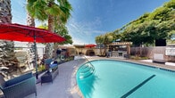 Located at 1333 W Steele Ln in Santa Rosa, California, this single-level outdoor space offers a well-appointed recreational area centered around a generously sized freeform swimming pool. The pool features tile detailing along the waterline, step-in entry points, and a smooth concrete surround that provides ample space for poolside relaxation. Vibrant turquoise water reflects the open California sky, creating an inviting atmosphere throughout.

The surrounding landscape is richly planted with tall palm trees, ornamental grasses, cordyline, and a variety of drought-tolerant plants, giving the area a tropical and resort-like character. A dedicated lounge zone along one side of the pool deck is furnished with chaise lounges positioned beneath a wooden pergola structure, offering shaded outdoor seating ideal for warm-weather use. Red cantilever patio umbrellas are positioned at multiple points around the deck, providing additional sun coverage alongside rattan seating arrangements.

A utility structure finished in a muted gray tone is situated toward the rear of the property, integrated discreetly into the landscaping. The space is fully enclosed by wood fencing, ensuring privacy. The overall ambiance is that of a serene, resort-inspired outdoor environment well-suited for leisure and outdoor entertaining in the heart of Sonoma County.