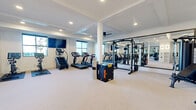 Located at 21401 Dushane Pkwy in Farmington, MN, this fitness center offers a thoughtfully designed, single-floor layout that accommodates a wide range of workout needs. The main exercise area features bright, white walls, recessed lighting, coffered ceilings, and large windows that bring in ample natural light, creating an open and energizing atmosphere. A ceiling fan helps maintain airflow throughout the space. Floor-to-ceiling mirrors line one wall, visually expanding the room and providing form feedback during workouts. The cardio zone is equipped with treadmills, a stair climber, and a stationary bike, while the strength training area includes a multi-functional cable machine, a full dumbbell rack ranging across multiple weight increments, stability balls, and a plyometric box. A wall-mounted flat-screen TV keeps users entertained during workouts. A separate, private room features an Echelon smart mirror, ideal for guided workouts and virtual fitness classes. Additional built-in shelving and storage units along one wall offer practical organization for accessories. The neutral carpet flooring, clean finishes, and elegant gold wall sconces add a polished, upscale feel to the space, making it both functional and visually appealing.