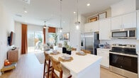 Located on N Elm St in Denton, TX, this well-designed single-story, one-bedroom, one-bathroom home makes excellent use of its compact footprint. The open-concept layout seamlessly connects the kitchen and living room, creating a bright, cohesive living space bathed in natural light from large sliding glass doors that lead to a private outdoor area.

The kitchen is a standout feature, showcasing crisp white shaker cabinetry extending to the ceiling for ample storage, a classic subway tile backsplash, quartz countertops, and a full suite of stainless steel appliances including a French door refrigerator, range, microwave, and dishwasher. A central island with pendant lighting above provides additional prep space and casual seating.

The living room offers a warm, welcoming atmosphere with light wood-look flooring that flows throughout the home, recessed lighting, and a ceiling fan. The bedroom is a calm retreat, featuring a ceiling fan, a generous window for natural light, and access to a dedicated closet. The bathroom is clean and modern, complete with a glass-enclosed walk-in shower, wood-look tile flooring, and a bright window. A dedicated laundry area rounds out this thoughtfully planned home.