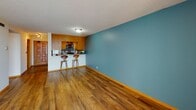 Located at 1407 Nicollet Ave in Minneapolis, MN, this single-floor residence offers a thoughtfully designed layout with modern finishes throughout. The open-concept living area features rich hardwood flooring and a striking teal accent wall that adds a bold pop of color, complemented by a sliding glass door that opens to a private balcony with sweeping elevated views of the Minneapolis skyline and surrounding greenery. The kitchen is well-equipped and efficiently arranged in a U-shaped configuration, showcasing warm honey-toned wood cabinetry, granite countertops, stainless steel appliances, and a detailed mosaic tile backsplash in cool blue tones. A breakfast bar with seating connects the kitchen seamlessly to the living space, enhancing the open flow. The bedroom features plush neutral carpeting and its own sliding glass door accessing the balcony, continuing the theme of abundant natural light and outdoor views. The bathroom is clean and functional, offering a full tiled tub-and-shower combination with crisp white tile and tile flooring. Throughout the residence, textured ceilings and warm wood trim provide a cohesive, inviting aesthetic that balances comfort with contemporary style.