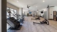 This single-floor fitness center is thoughtfully designed to accommodate a comprehensive range of workout styles and training needs. The space is organized into distinct functional zones, each outfitted with professional-grade equipment. The cardio area features a row of Matrix treadmills and stair climbers positioned along large windows that allow natural light to filter in, offering views of outdoor greenery including palm trees. Ceiling fans are distributed throughout, contributing to comfort during exercise.

The strength training section includes cable machines, a rowing machine, a punching bag station, and an orange power rack, complemented by a dedicated free weights area with a full dumbbell rack. A functional training zone provides open floor space with kettlebells, resistance tools, and a balance trainer. Rubberized flooring in this section supports high-intensity movement.

The interior design incorporates motivational wall murals featuring a cityscape illustration alongside phrases such as "Find Your Inner Athlete" and "Stay Salty," adding a distinctive visual identity to the space. Neutral-toned carpet covers the primary workout floor, while recessed lighting and mounted flat-screen televisions are positioned throughout. A hydration and snack station is also available, enhancing the overall utility of the facility.