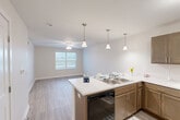 Located at 1455 Castle Manor Dr in Lincoln, Illinois, this single-floor residence offers a thoughtfully laid-out living space designed for comfort and functionality. The open-concept kitchen and living room serve as the heart of the home, where warm-toned cabinetry, white countertops, and a peninsula island with pendant lighting create an inviting and practical hub. The kitchen is fully equipped with black appliances including a range, refrigerator, and dishwasher, complemented by ample upper and lower cabinet storage and a dedicated pantry. Light wood-look flooring flows throughout the main living area, enhancing the bright, airy feel provided by natural light from well-placed windows. A ceiling fan in the living area adds both style and comfort. The bedroom is a comfortable retreat featuring plush carpeting, a ceiling fan, and a window that invites natural light. Three closets throughout the unit provide generous storage solutions. The bathroom is clean and functional, featuring a tub-shower combination with a curtain, wood-look flooring, and accessibility-friendly grab bars. A utility room rounds out the layout, adding everyday convenience. The overall aesthetic is modern and neutral, with a clean palette that makes the space feel fresh and move-in ready.