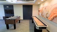 This single-floor game room is designed to provide an engaging recreational environment with a clean, contemporary aesthetic. The space is anchored by two standout gaming fixtures: a full-size foosball table and a regulation shuffleboard table, both positioned to allow comfortable play and movement around each. The flooring consists of patterned carpet in neutral tones, lending a soft, practical surface underfoot that suits the active nature of the room.

The ceiling features a recessed tray design with embedded recessed lighting, contributing to an even, well-distributed illumination throughout the space. A bold navy blue accent wall serves as a strong focal point, contrasting effectively against the surrounding light neutral walls and giving the room a modern, polished character. A large abstract wall art piece in warm earth tones — featuring shades of orange, cream, and brown — adds an artistic element that softens the overall atmosphere.

The room's layout is open and uncluttered, allowing easy navigation between the gaming areas. The combination of thoughtful design details, quality game tables, and curated décor makes this space well-suited for social interaction and leisure activities.