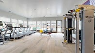 Located at 1430 Bell Rd in Nashville, Tennessee, this well-appointed fitness center offers a spacious, single-room layout designed to support a comprehensive workout experience. The space features soaring ceilings that lend an open, airy atmosphere, complemented by recessed lighting and neutral-toned carpeted flooring with subtle striped accents throughout.

A generous bank of large windows and glass doors lines one wall, flooding the interior with natural light and providing views of an outdoor pool area. The cardio zone is well-equipped with multiple treadmills and elliptical machines positioned to take advantage of the natural light and outdoor views. Strength training is supported by a multi-functional cable machine, a dumbbell rack with a full range of free weights, a weight bench, and medicine balls for functional training.

Full-length wall mirrors on one side of the room enhance the sense of space and allow users to monitor their form during workouts. A wall-mounted flat-screen TV adds an entertainment element to the training environment. A modular storage unit near the entrance provides organized space for personal belongings. The room is accessed through elegant wood-framed glass double doors, adding a refined architectural touch to this functional and well-maintained fitness facility.