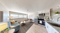 Located on Park Row Boulevard in Houston, TX, this 1-bedroom, 2-bathroom unit offers a thoughtfully designed layout across a single floor. The entry leads through a corridor flanked by closets, opening into a combined living, dining, and kitchen area that serves as the heart of the unit. Wide horizontal windows line the living space, drawing in natural light and offering open views of the surrounding cityscape, creating a bright and airy ambiance throughout.

The kitchen is equipped with stainless steel appliances, including a refrigerator, electric range, and over-the-range microwave, complemented by white cabinetry, a tile backsplash, and light-toned flooring. A compact dining area sits adjacent to the kitchen, making everyday living functional and efficient. The living area features striped carpeting and provides a comfortable setting with ample room to relax.

The generously sized primary bedroom continues the theme of natural light, with large windows and the same striped carpet flooring. Both bathrooms are finished with neutral toned wallcovering, backlit vanity mirrors, undermount sinks with white countertops, and tiled flooring, offering a clean and modern aesthetic. Two closets provide practical storage throughout the unit.