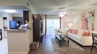 This single-floor unit offers a thoughtfully designed open-concept layout that seamlessly connects the kitchen and living areas. The living room is a bright and welcoming space, anchored by rich hardwood-style flooring and bathed in natural light streaming through a full-length sliding glass door that opens to an outdoor area. Vertical blinds frame the glass door, offering both privacy and light control. A ceiling fan overhead adds comfort and a sense of airiness to the room. The living area is generously sized, providing ample room for comfortable seating arrangements and a central coffee table. Warm, neutral wall tones complement the dark wood accents found throughout the space, including a stylish open shelving unit that serves as a functional room divider. The kitchen is accessible via a raised breakfast bar counter, offering a casual dining option and a natural flow between the cooking and living spaces. Dark cabinetry in the kitchen adds a bold, modern contrast to the lighter surroundings. The overall ambiance of the unit is warm, comfortable, and practical, with a cohesive design that balances contemporary style with everyday livability.