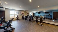 Located at 10826 Austin St NE in Blaine, Minnesota, this fitness center offers a comprehensive, single-floor workout facility designed to accommodate a wide range of exercise routines. The space is thoughtfully laid out across an open floor plan with speckled rubberized flooring that provides both durability and comfort underfoot.

The cardio zone features multiple treadmills, upright and recumbent bikes, elliptical machines, and a rowing machine, all positioned to allow for personal space and easy movement between equipment. Wall-mounted televisions are positioned for viewing during cardio sessions. A large window along one wall fills this area with natural light and provides exterior views, creating an energizing workout environment.

The strength-training section is equally well-appointed, housing a selection of Life Fitness selectorized machines including a triceps press and various other cable and resistance units. A dumbbell rack with color-coded free weights, an adjustable workout bench, and additional benches round out the resistance training options.

Full-length mirrors line one wall, enhancing the sense of space and allowing users to monitor their form during exercises. Recessed lighting provides consistent illumination throughout. Framed artwork featuring vibrant athletic imagery adds a motivating aesthetic to the space, complementing the clean, modern design with blue accent walls and neutral tones.