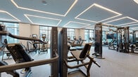 Located at 329 Alfred Ave in Teaneck, NJ, this professionally appointed fitness center offers a generously sized, single-floor exercise space designed to support a full range of workout routines. The facility is thoughtfully organized into distinct zones, including a cardio area, a strength training section, and a dedicated free weights and functional training zone with a turf floor area visible in the background.

The cardio zone is lined with large windows that allow ample natural light and provide views of the surrounding neighborhood, creating an open and energizing atmosphere. This section is equipped with a row of Matrix treadmills, elliptical trainers, and stair climbers, all featuring individual digital display screens. Adjacent to this area, the strength training section hosts a comprehensive selection of Matrix cable machines and selectorized equipment arranged for efficient use of the floor space.

The free weights and functional training area features power racks, barbells, weighted plates, and a dedicated lifting platform with a hardwood surface, all reflected in full-length wall mirrors that enhance the sense of depth. The interior design is defined by a sophisticated geometric LED lighting system embedded in a coffered ceiling, casting clean, even illumination throughout. Rubber flooring in the main areas and warm wood accents on structural columns complete the polished, contemporary aesthetic of this well-equipped facility.