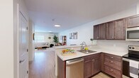 Located at 10 Townsend Lane in Brunswick, Maine, this 2-bedroom, 2-bathroom single-floor residence offers a functional and well-appointed layout. The open-plan kitchen and living area serves as the heart of the home, featuring light hardwood-style flooring throughout. The kitchen is equipped with rich walnut-toned cabinetry, white countertops, a classic subway tile backsplash, and a full suite of stainless steel appliances including a refrigerator, electric range, built-in microwave, and dishwasher. The living area provides ample room and is bathed in natural light from multiple windows, complemented by a wall-mounted mini-split HVAC unit and baseboard heating. Both bedrooms are carpeted and painted in soft blue-gray tones, each featuring a window with exterior views and baseboard heating. The primary bedroom includes access to a closet. The two bathrooms are finished with light hardwood-style flooring, wood-toned vanity cabinetry, and white countertops; one bathroom includes a tub/shower combination. The overall design is clean and contemporary, with a neutral palette that creates a bright, cohesive living environment throughout.